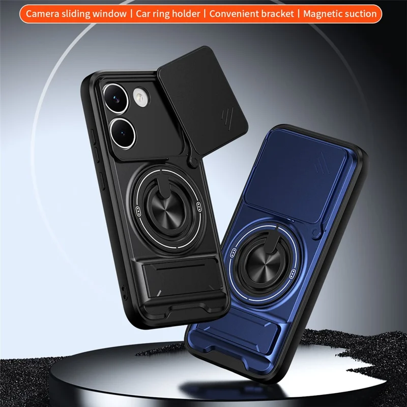 For Xiaomi Poco X8 Pro 5G Magnetic Case Ring Holder Foldable Kickstand TPU PC Phone Cover with Camera Lens Slider - Black