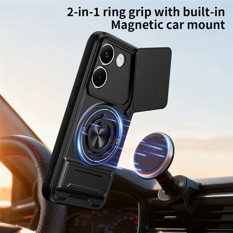 For Xiaomi Poco X8 Pro 5G Magnetic Case Ring Holder Foldable Kickstand TPU PC Phone Cover with Camera Lens Slider - Black