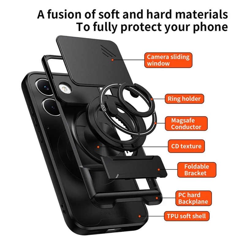 For Xiaomi Poco X8 Pro 5G Magnetic Case Ring Holder Foldable Kickstand TPU PC Phone Cover with Camera Lens Slider - Black