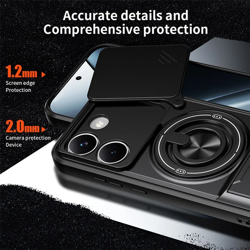 For Xiaomi Poco X8 Pro 5G Magnetic Case Ring Holder Foldable Kickstand TPU PC Phone Cover with Camera Lens Slider - Black