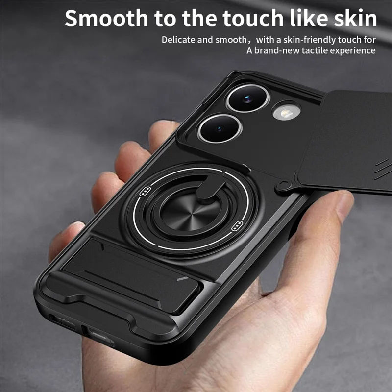 For Xiaomi Poco X8 Pro 5G Magnetic Case Ring Holder Foldable Kickstand TPU PC Phone Cover with Camera Lens Slider - Black