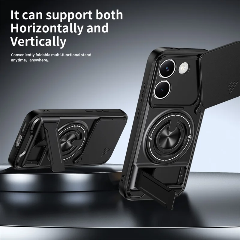 For Xiaomi Poco X8 Pro 5G Magnetic Case Ring Holder Foldable Kickstand TPU PC Phone Cover with Camera Lens Slider - Black