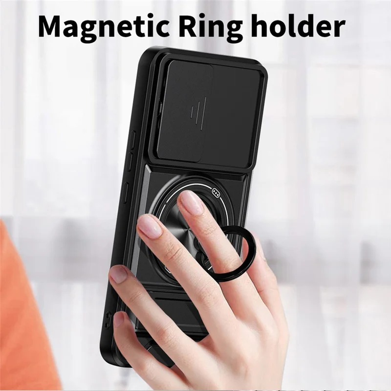 For Xiaomi Poco X8 Pro Max 5G Magnetisk Case med Ringholder og Foldbar Støtte TPU PC Telefonbeskyttelse med Kameraobjektivskydebeslag - Sort