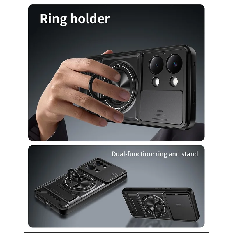 For Xiaomi Poco X8 Pro Max 5G Magnetisk Case med Ringholder og Foldbar Støtte TPU PC Telefonbeskyttelse med Kameraobjektivskydebeslag - Sort