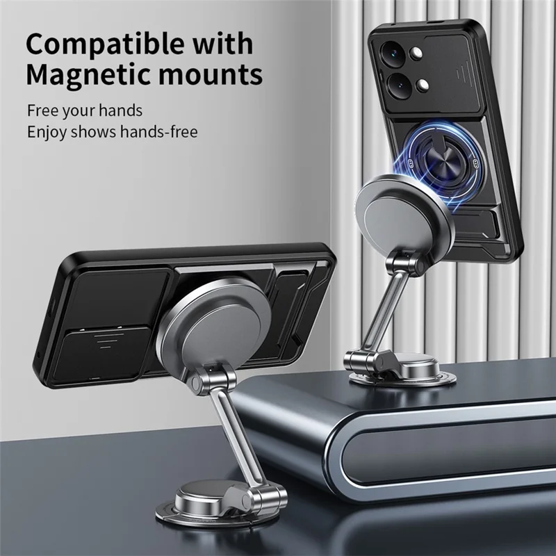 For Xiaomi Poco X8 Pro Max 5G Magnetisk Case med Ringholder og Foldbar Støtte TPU PC Telefonbeskyttelse med Kameraobjektivskydebeslag - Sort