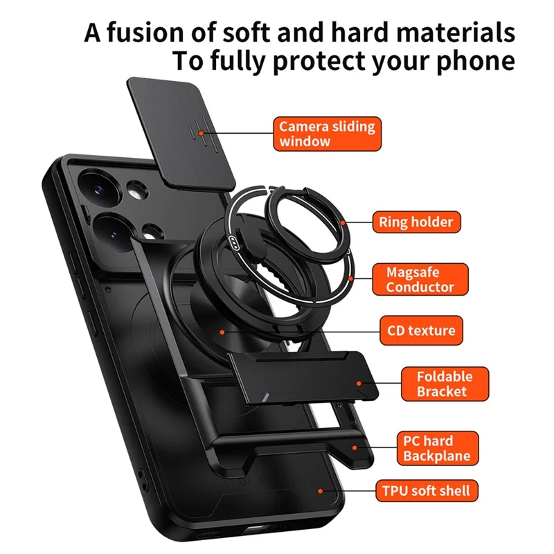 For Xiaomi Poco X8 Pro Max 5G Magnetisk Case med Ringholder og Foldbar Støtte TPU PC Telefonbeskyttelse med Kameraobjektivskydebeslag - Sort