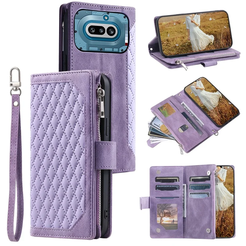 For Nothing Phone (4a) Wallet Case Rhombus Stitching Line PU Leather Phone Cover with Wrist Strap - Purple