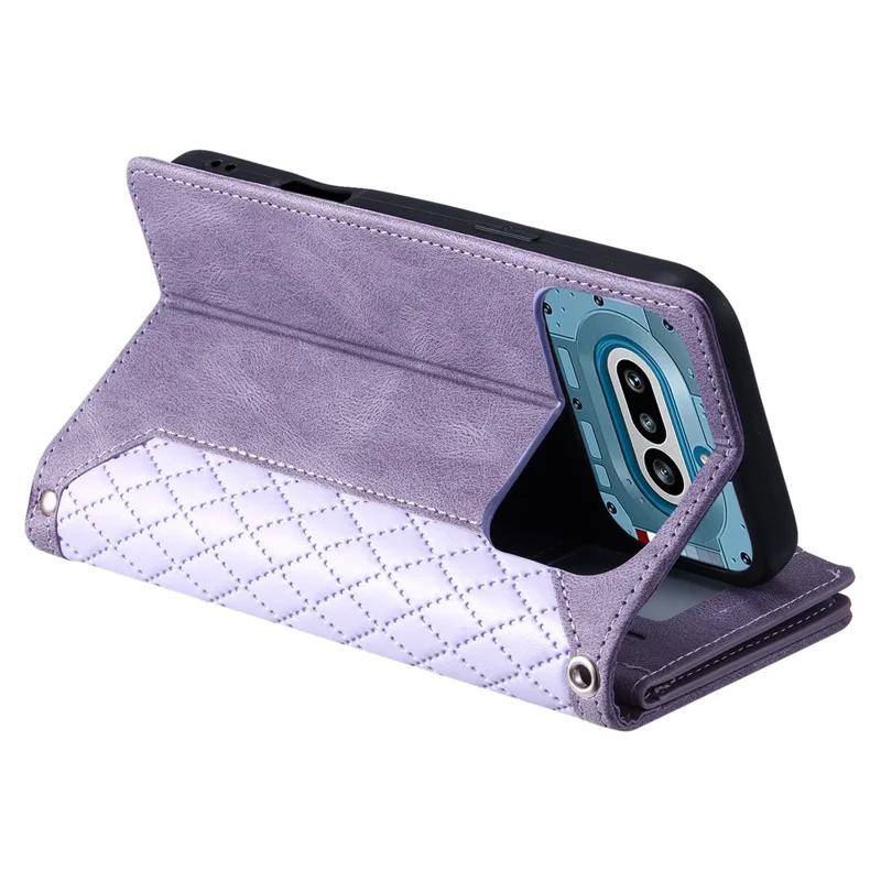 For Nothing Phone (4a) Wallet Case Rhombus Stitching Line PU Leather Phone Cover with Wrist Strap - Purple