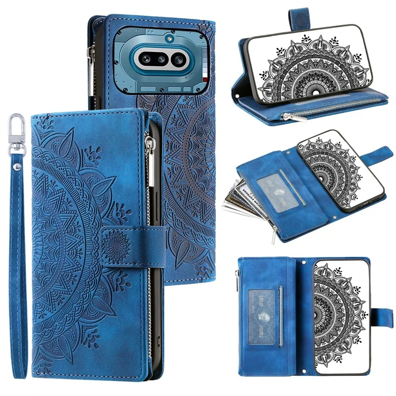 For Nothing Phone (4a) Wallet Case Mandala Flower Pattern PU Leather Phone Cover with Wrist Strap - Blue