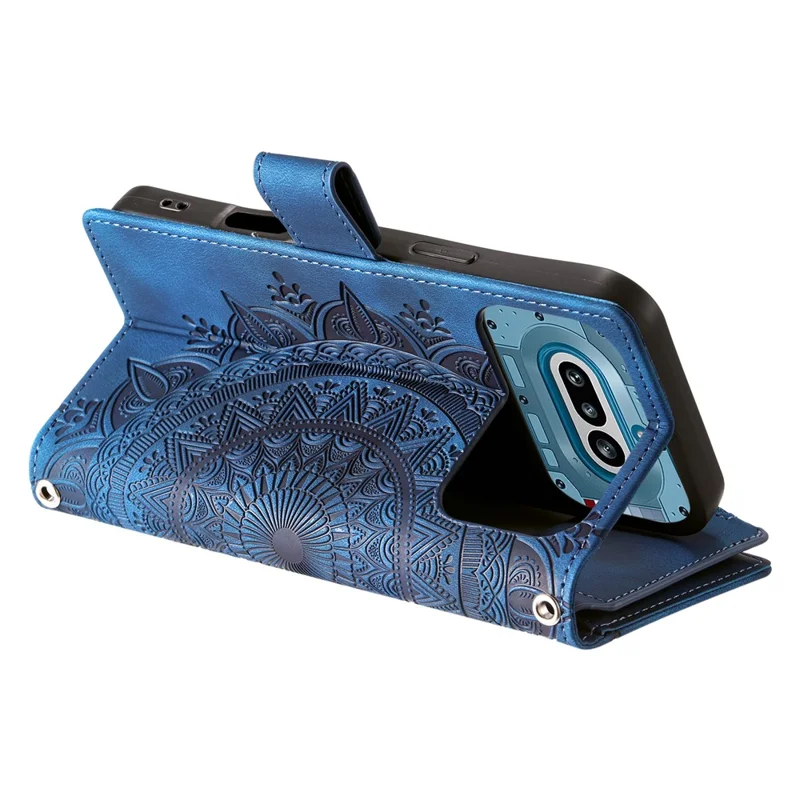For Nothing Phone (4a) Wallet Case Mandala Flower Pattern PU Leather Phone Cover with Wrist Strap - Blue