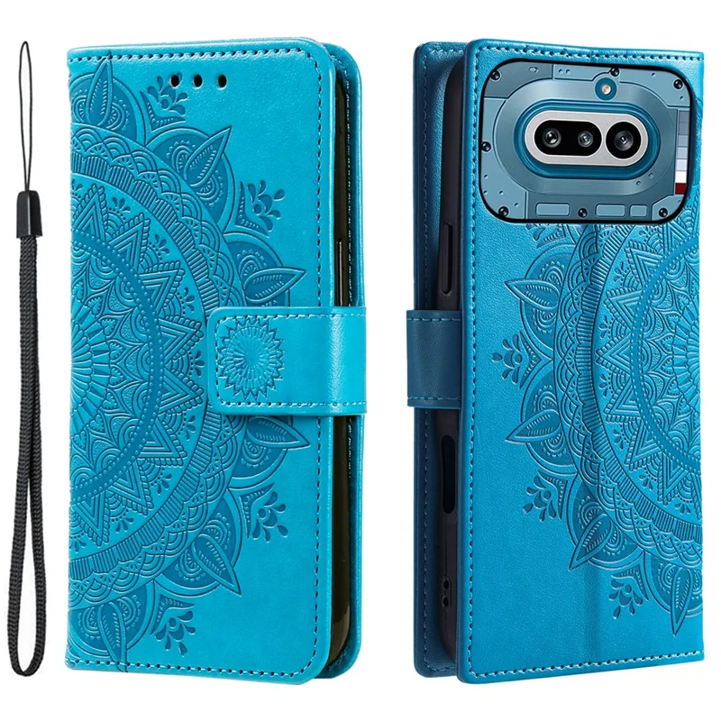For Nothing Phone (4a) Stand Case Imprinted Totem PU Leather Wallet Phone Cover with Wrist Strap - Blue