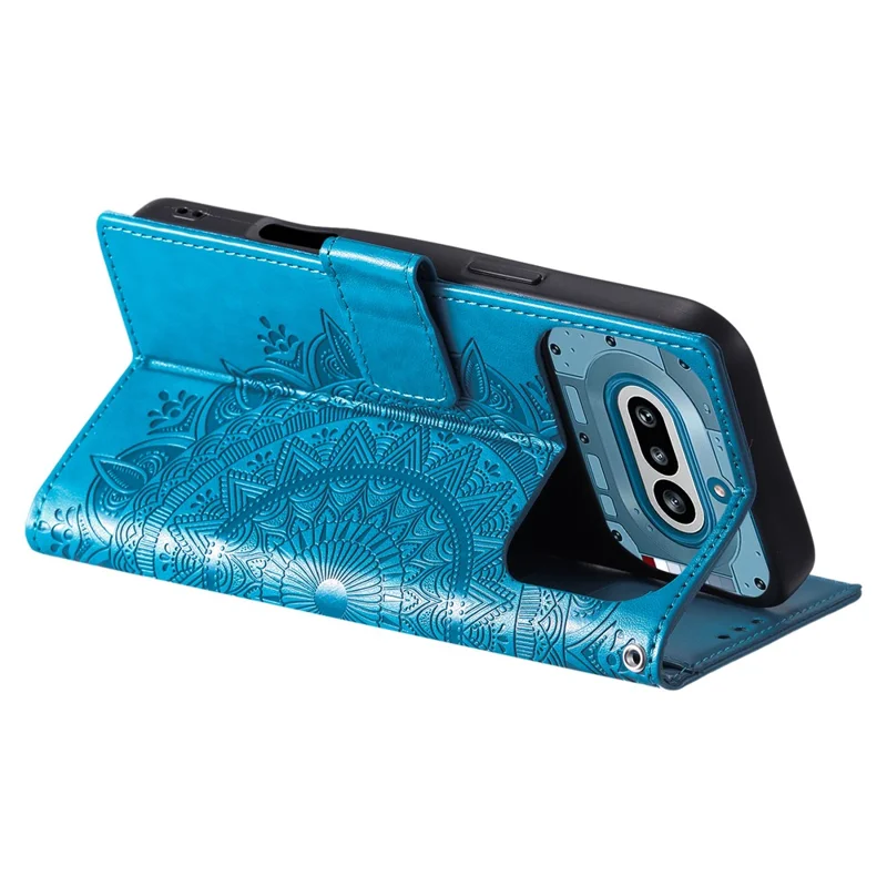 For Nothing Phone (4a) Stand Case Imprinted Totem PU Leather Wallet Phone Cover with Wrist Strap - Blue