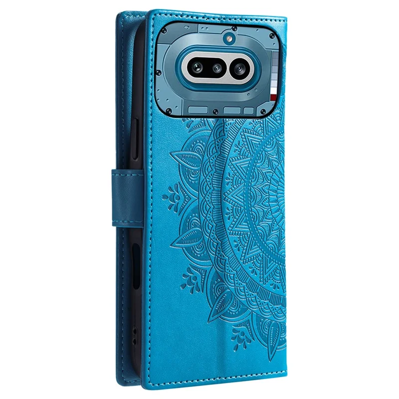 For Nothing Phone (4a) Stand Case Imprinted Totem PU Leather Wallet Phone Cover with Wrist Strap - Blue