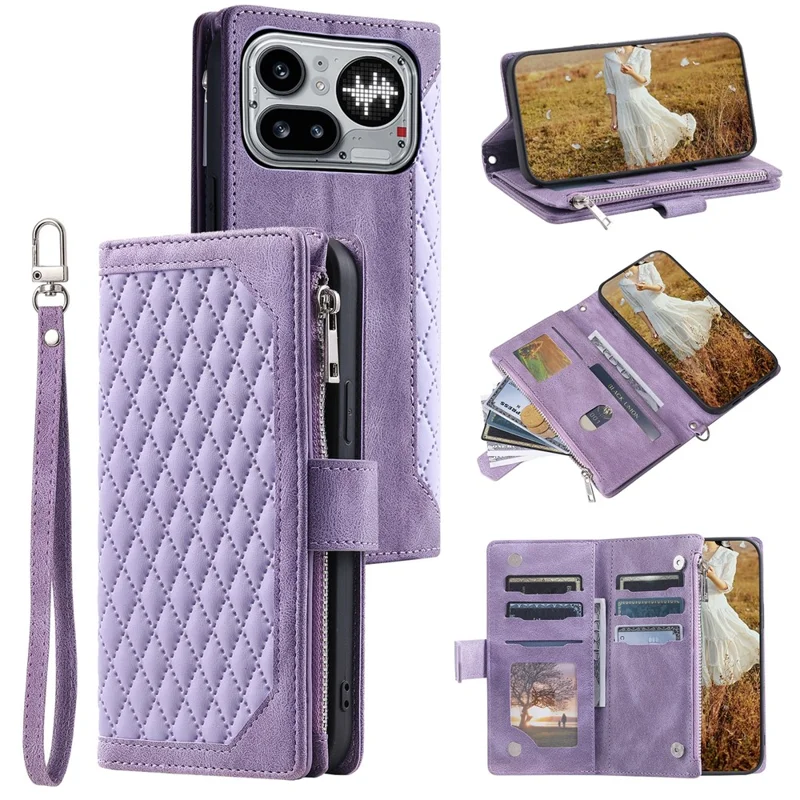 For Nothing Phone (4a) Pro Wallet Case Rhombus Stitching Line PU Leather Phone Cover with Wrist Strap - Purple