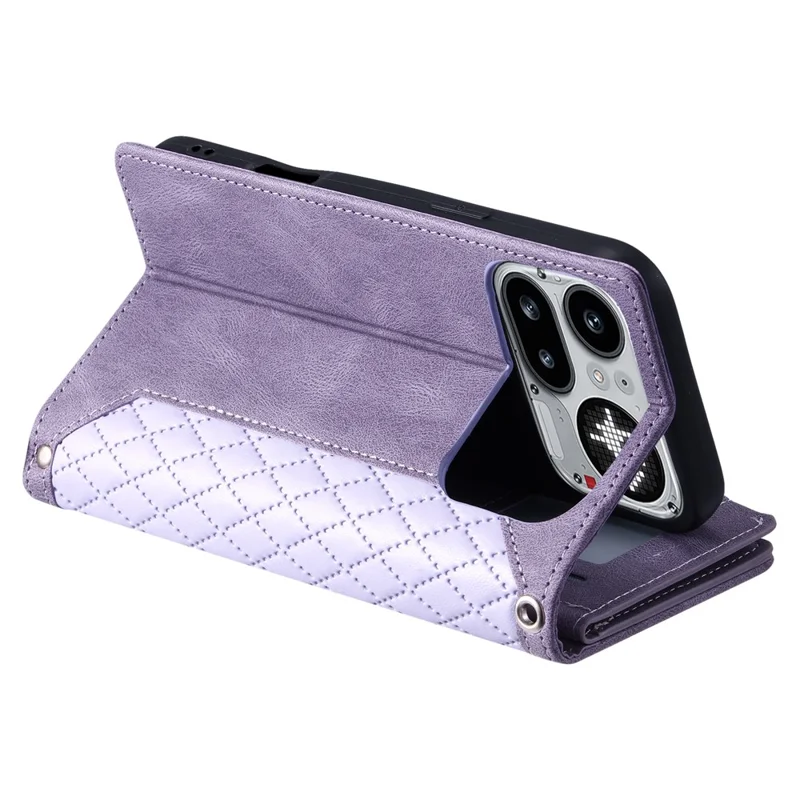 For Nothing Phone (4a) Pro Wallet Case Rhombus Stitching Line PU Leather Phone Cover with Wrist Strap - Purple