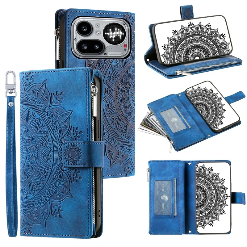 For Nothing Phone (4a) Pro Wallet Case Mandala Flower Pattern PU Leather Phone Cover with Wrist Strap - Blue