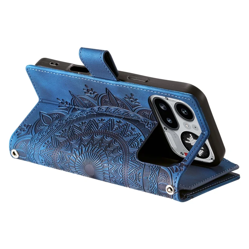 For Nothing Phone (4a) Pro Wallet Case Mandala Flower Pattern PU Leather Phone Cover with Wrist Strap - Blue