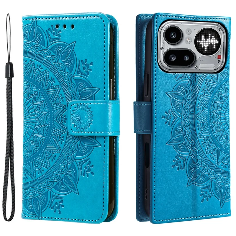 For Nothing Phone (4a) Pro Stand Case Imprinted Totem PU Leather Wallet Phone Cover with Wrist Strap - Blue