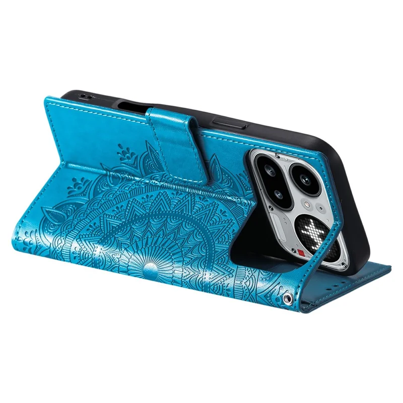 For Nothing Phone (4a) Pro Stand Case Imprinted Totem PU Leather Wallet Phone Cover with Wrist Strap - Blue