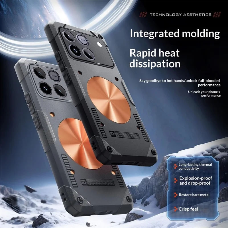 For Honor Win 5G Case Copper Heat Dissipation TPU + Metal Cooling Phone Cover Support Magnetic Car Mount - Black