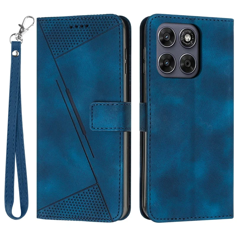 Leather Case for Motorola Moto G67 5G  /  G77 5G Imprinted Triangle Phone Cover with Hand Strap - Blue