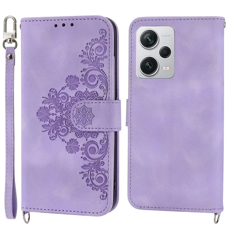 Para Xiaomi Redmi Note 12 Pro+ 5G Phone Shell Touch Touch Feeling Flowers Imprimido Cubierta de Cuero Con Correa Para la Muñeca y Correa Para el Hombro - Púrpura Ligera