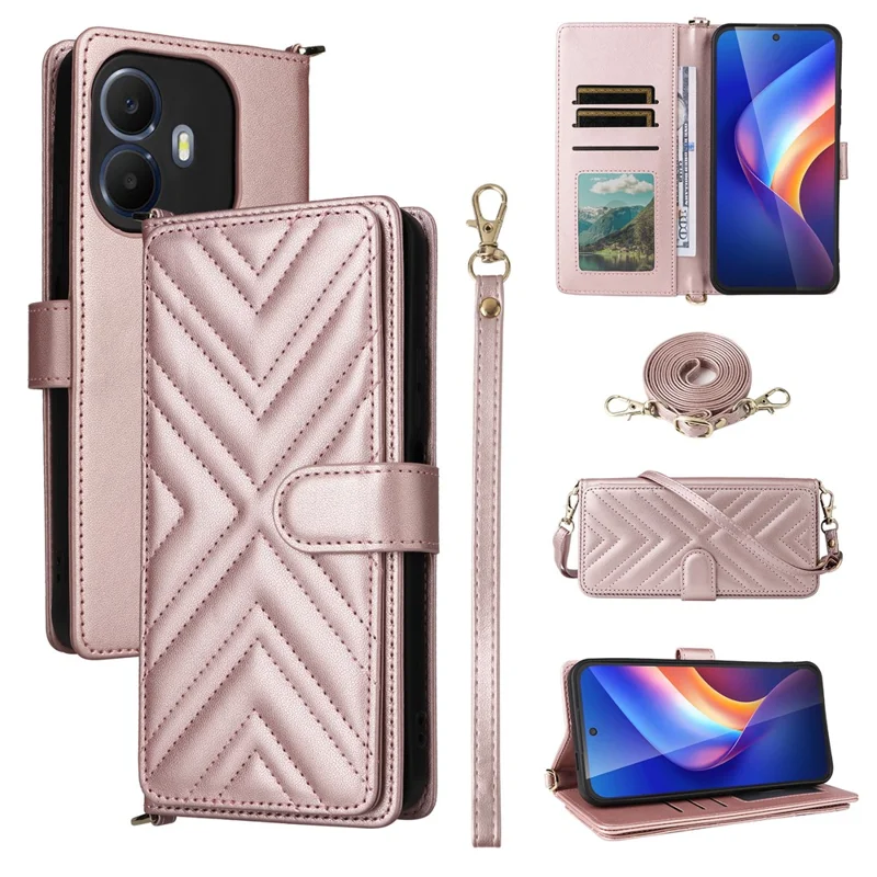 For TCL K70 4G / K70 Power 4G Leather Case Stand Wallet Phone Cover with Shoulder  /  Wrist Strap - Pink