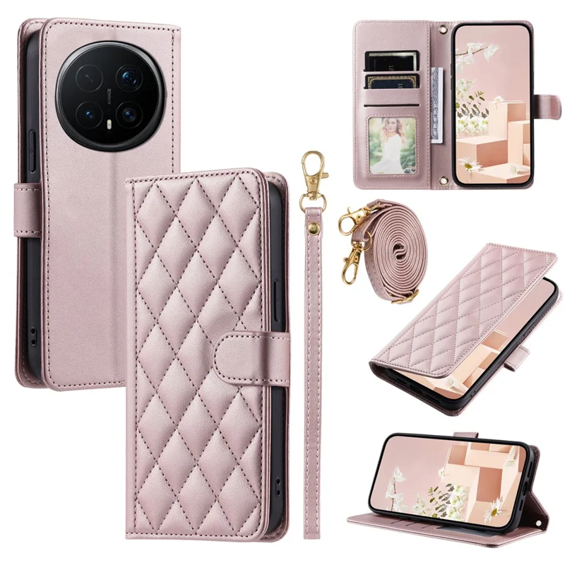 For Honor Magic8 5G PU Leather Case Wallet Rhombus Grid Phone Cover with Shoulder Strap  /  Wrist Strap - Rose Gold