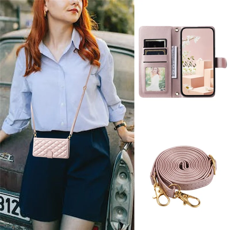 For Honor Magic8 5G PU Leather Case Wallet Rhombus Grid Phone Cover with Shoulder Strap  /  Wrist Strap - Rose Gold