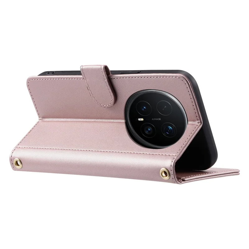 For Honor Magic8 Pro 5G PU Leather Case Wallet Rhombus Grid Phone Cover with Shoulder Strap  /  Wrist Strap - Rose Gold