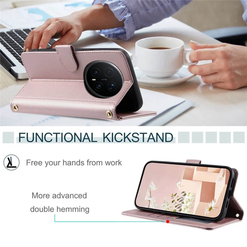 For Honor Magic8 Pro 5G PU Leather Case Wallet Rhombus Grid Phone Cover with Shoulder Strap  /  Wrist Strap - Rose Gold