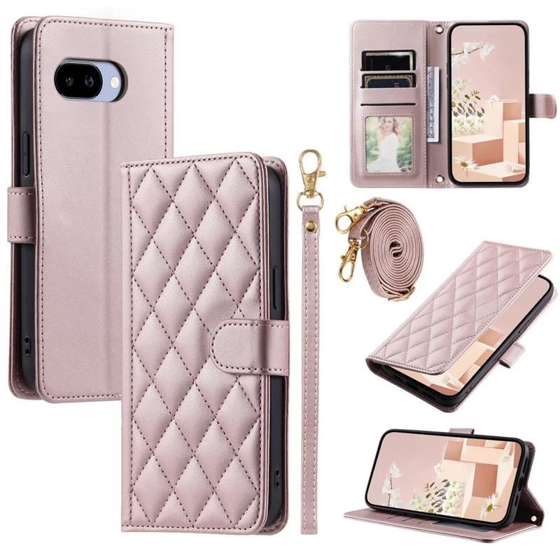 For Google Pixel 10a PU Leather Case Wallet Rhombus Grid Phone Cover with Shoulder Strap  /  Wrist Strap - Rose Gold