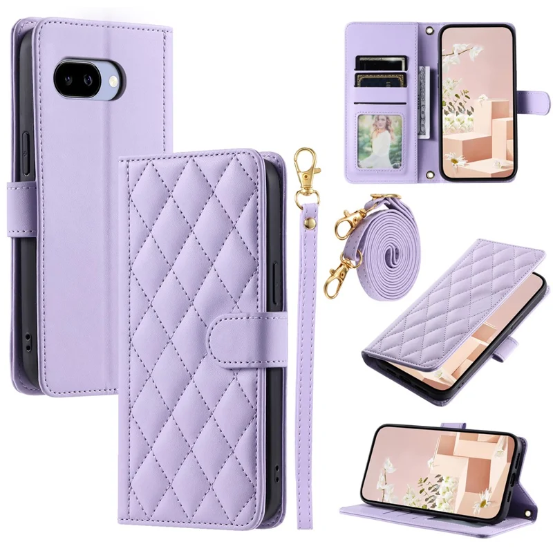 For Google Pixel 10a PU Leather Case Wallet Rhombus Grid Phone Cover with Shoulder Strap  /  Wrist Strap - Purple