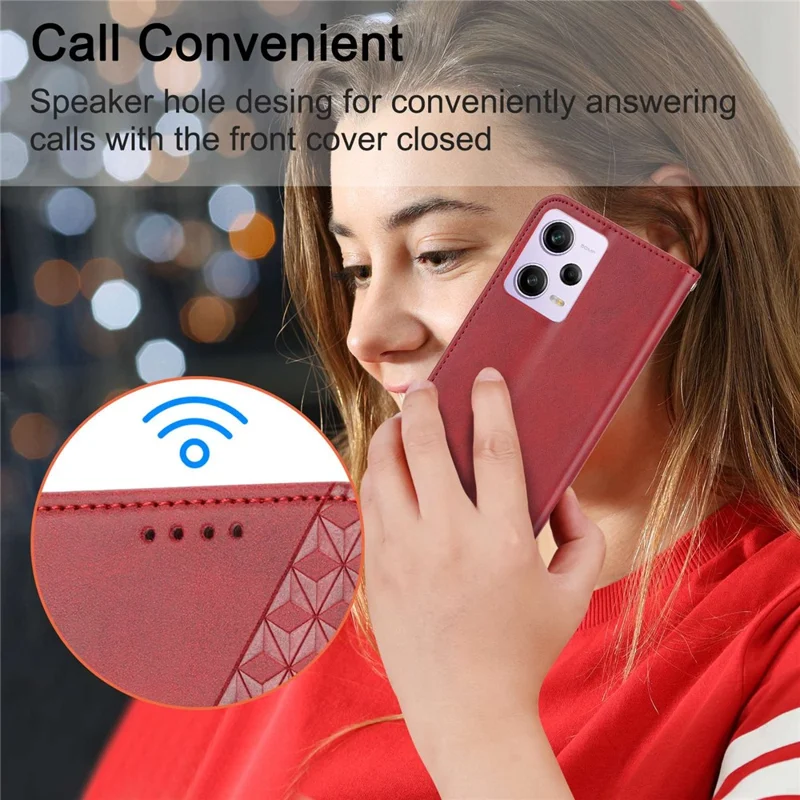 Til Xiaomi Redmi Note 12 Pro 5G / Note 12 Pro Speed 5G / Poco X5 Pro 5G, Indriveret Rombe Mønster Stående Kalvstruktur PU Læder Punge med Magnetlukning - Rød