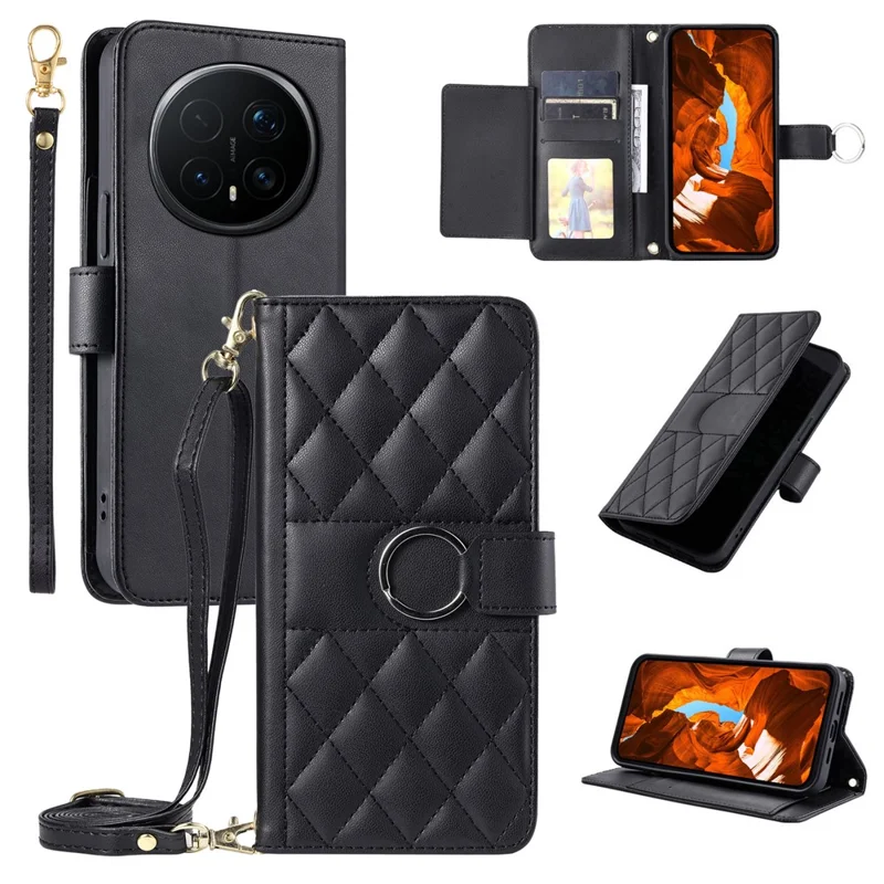 For Honor Magic8 Pro 5G Crossbody Leather Case Ring Buckle Wallet Stand Rhombus Mobile Cover - Black