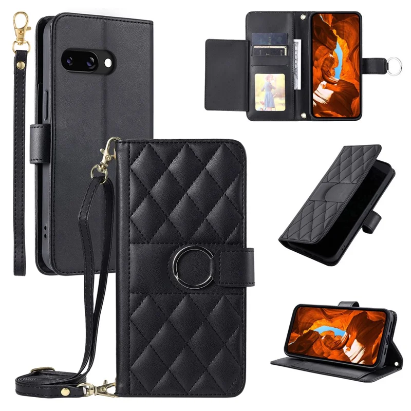 For Google Pixel 10a Crossbody Leather Case Ring Buckle Wallet Stand Rhombus Mobile Cover - Black