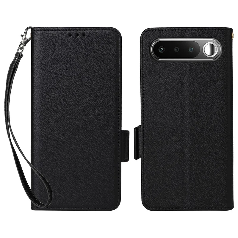 For Realme 16 5G Phone Case Litchi Texture Wallet Leather Phone Cover with Wrist Strap - Black