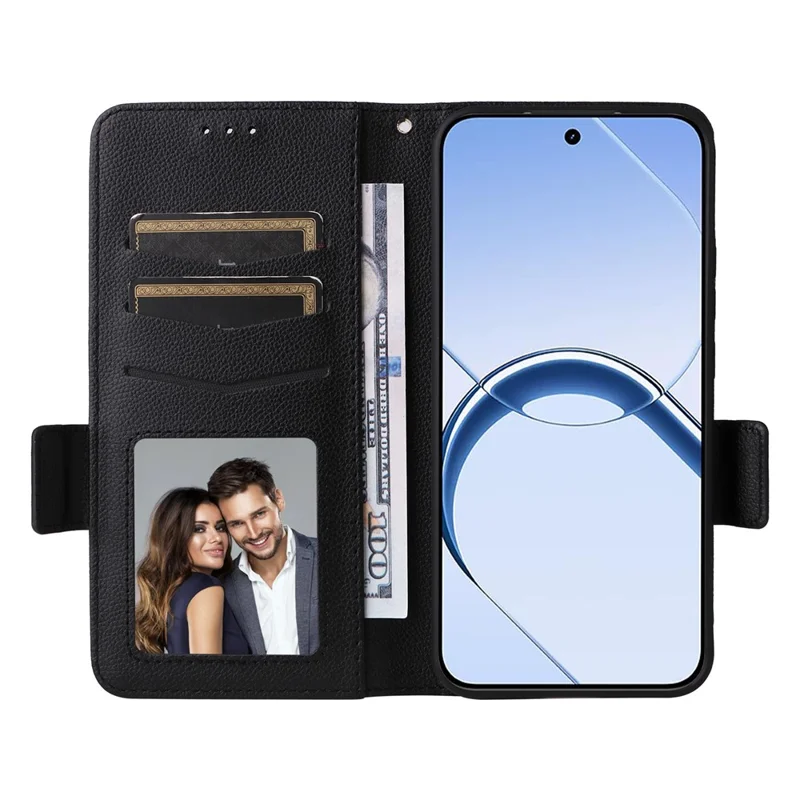 For Realme 16 5G Phone Case Litchi Texture Wallet Leather Phone Cover with Wrist Strap - Black