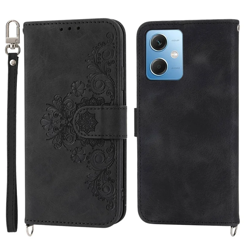 For Xiaomi Redmi Note 12 5G (Global) / (India) / (China) / Poco X5 5G Skin-touch Feeling Imprinted Flowers Phone Case Stand Leather Wallet Cover with Wrist Strap and Shoulder Strap - Black