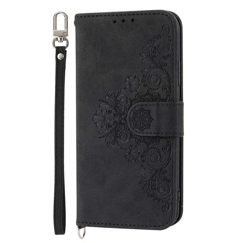 For Xiaomi Redmi Note 12 5G (Global) / (India) / (China) / Poco X5 5G Skin-touch Feeling Imprinted Flowers Phone Case Stand Leather Wallet Cover with Wrist Strap and Shoulder Strap - Black