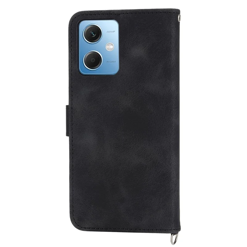 For Xiaomi Redmi Note 12 5G (Global) / (India) / (China) / Poco X5 5G Skin-touch Feeling Imprinted Flowers Phone Case Stand Leather Wallet Cover with Wrist Strap and Shoulder Strap - Black