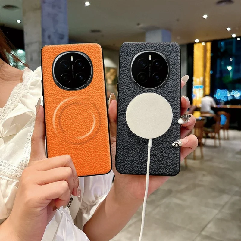 For Honor Magic7 5G Magnetic Case Litchi Texture PU Leather Coated PC + TPU Protective Phone Cover - Orange
