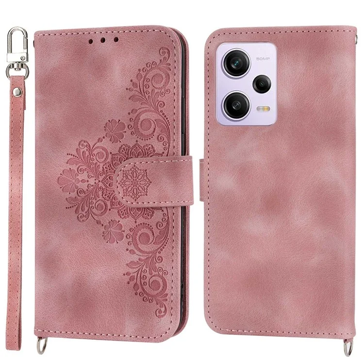 Pour Xiaomi Redmi Note 12 Pro 5G / Remarque 12 Pro Speed ​​5g / Poco X5 Pro 5G Portefeuille Couverture de Téléphone Skin-touch Fleurs de Fleurs Imprimées Case de Cuir Avec Sangle et Bandoulière - Rose