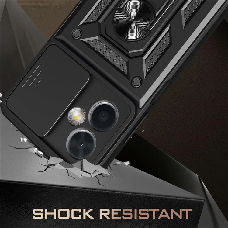 Phone Case for Xiaomi Redmi Note 12 5G (China), PC + TPU Protective Back Cover with Slide Camera Protector and Ring Kickstand - Black