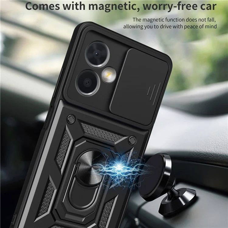 Phone Case for Xiaomi Redmi Note 12 5G (China), PC + TPU Protective Back Cover with Slide Camera Protector and Ring Kickstand - Black
