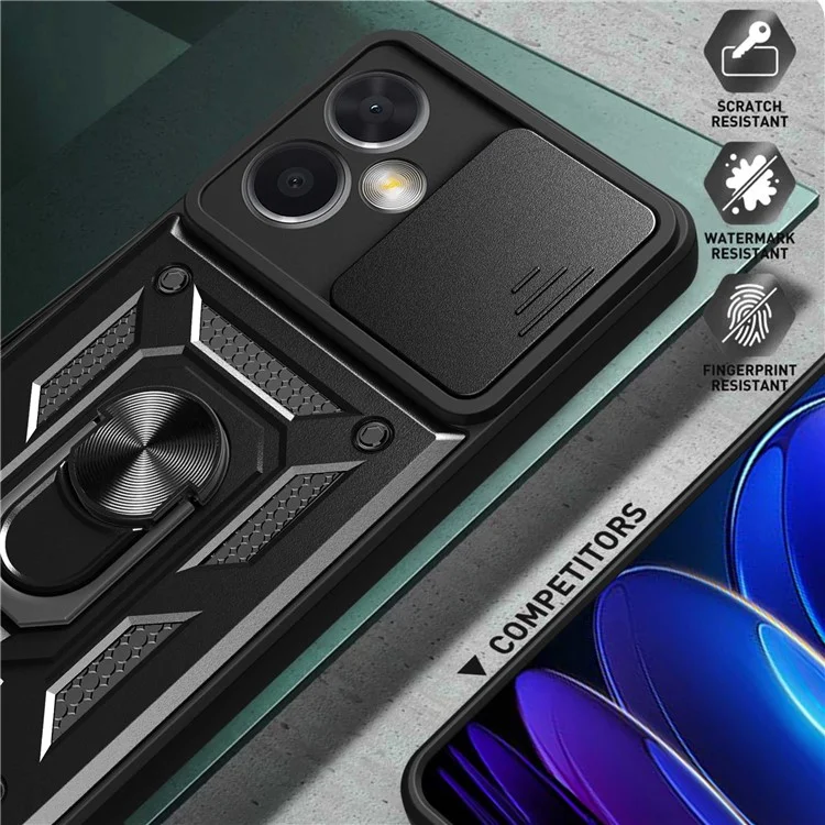 Phone Case for Xiaomi Redmi Note 12 5G (China), PC + TPU Protective Back Cover with Slide Camera Protector and Ring Kickstand - Black