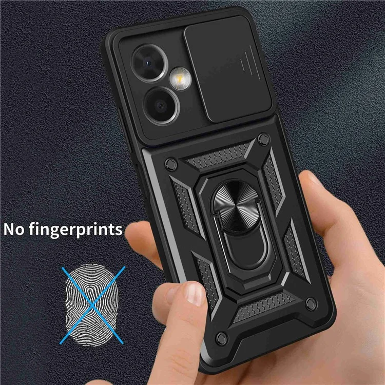 Phone Case for Xiaomi Redmi Note 12 5G (China), PC + TPU Protective Back Cover with Slide Camera Protector and Ring Kickstand - Black