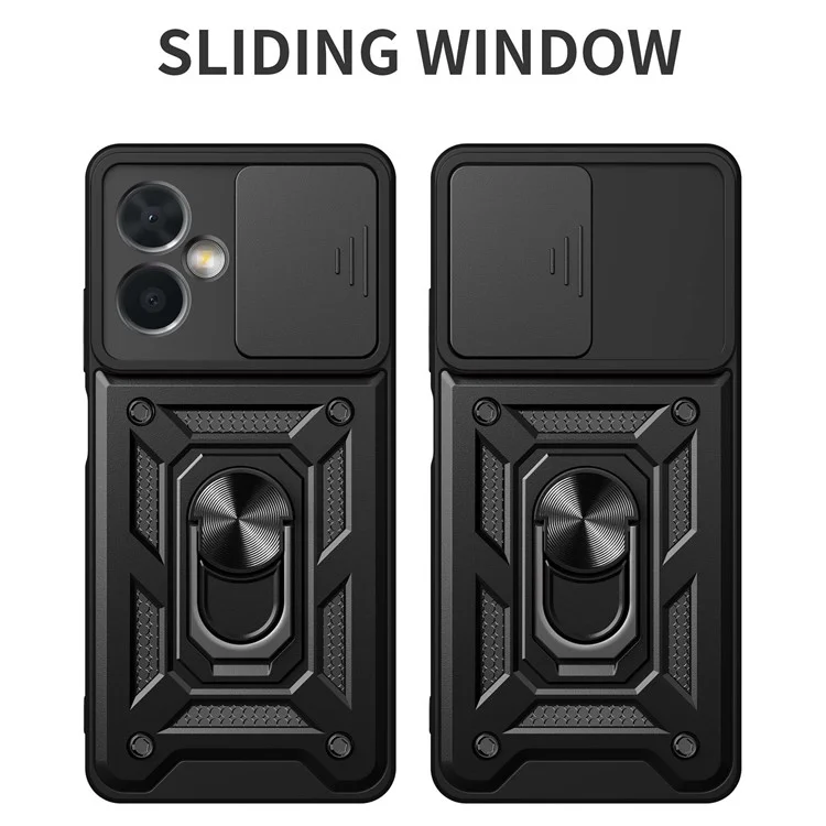 Phone Case for Xiaomi Redmi Note 12 5G (China), PC + TPU Protective Back Cover with Slide Camera Protector and Ring Kickstand - Black