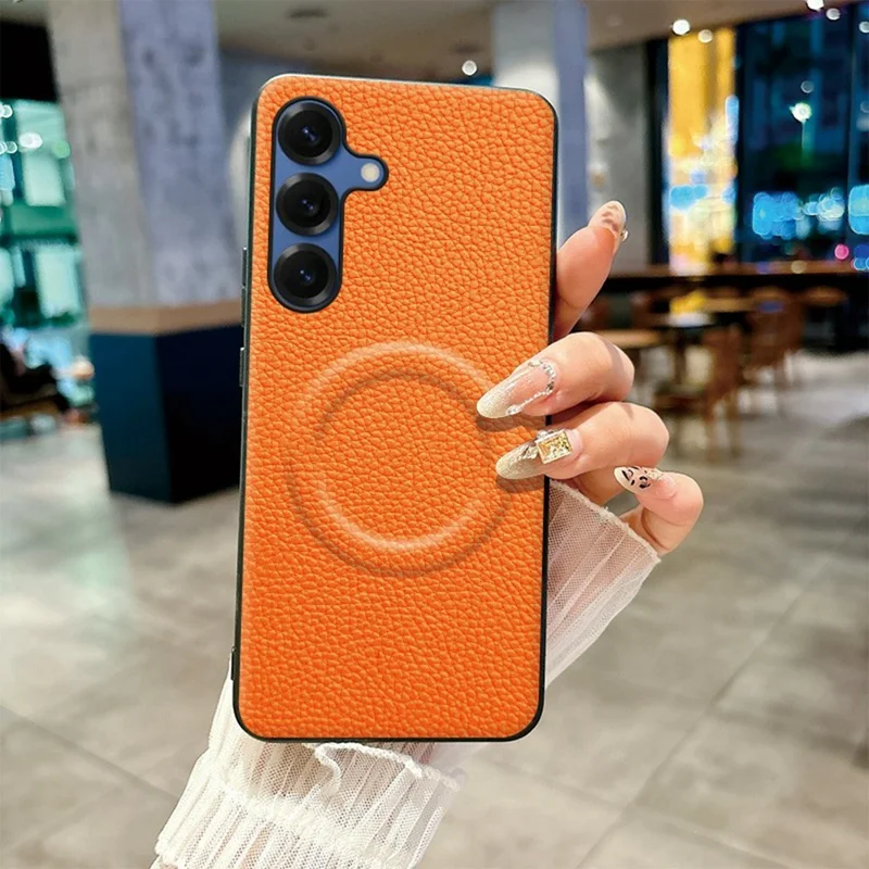 Magnetic Case For Samsung Galaxy A16 5G  /  4G Litchi Texture PU Leather Coated PC + TPU Protective Phone Cover - Orange