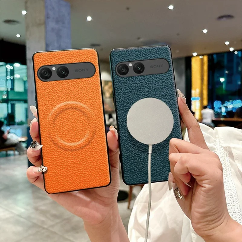 Coque magnétique pour Sony Xperia 10 VII, revêtement en cuir PU texture lychee, protection en PC + TPU, couleur orange